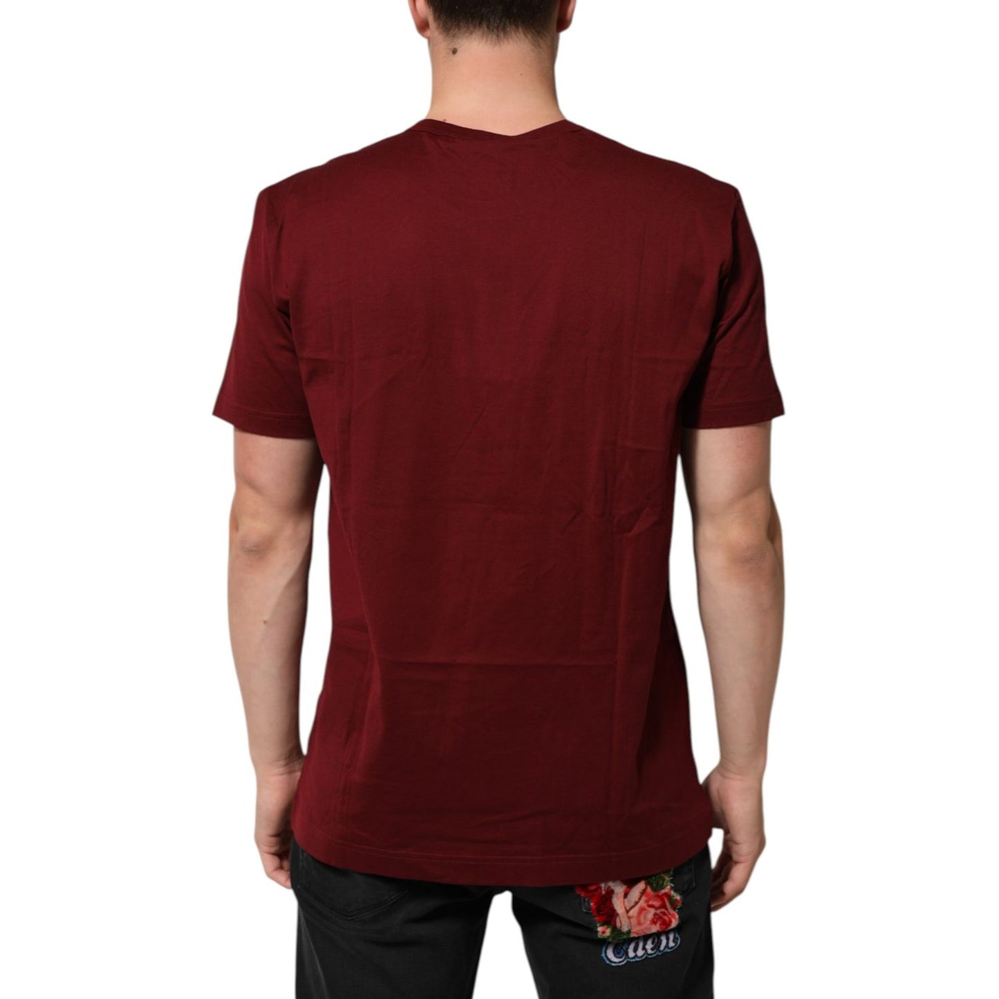 Back view of Dolce & Gabbana Bordeaux Red Cotton Crest Logo Patch T-Shirt on model