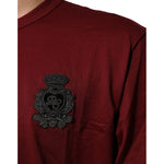 Dolce & Gabbana Bordeaux Red Cotton Crest Logo Patch T-Shirt with black embroidered crest on chest, short sleeve, crew neck.