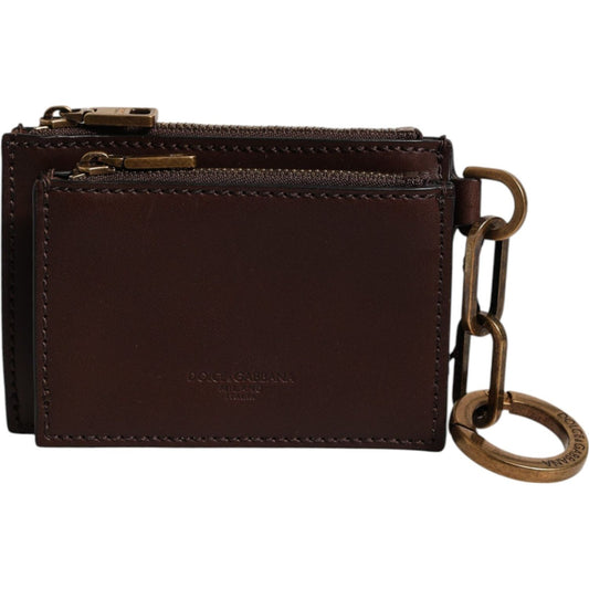 Dolce & Gabbana Brown Calf Leather Zip Logo Keyring Coin Purse Men Wallet