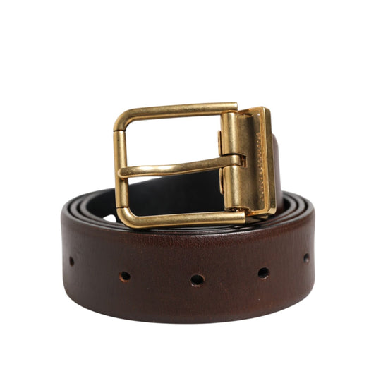 Dolce & Gabbana Brown Classic Gold Metal Logo Buckle Men Belt with leather strap and gold-tone metal buckle.