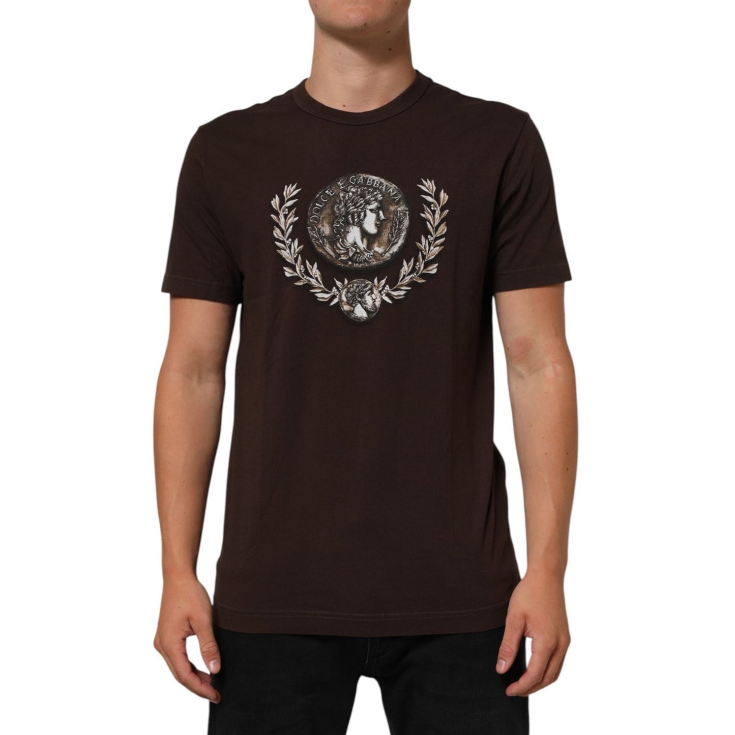 Dolce & Gabbana Brown Coin Laurel Print Men Crew Neck T-shirt