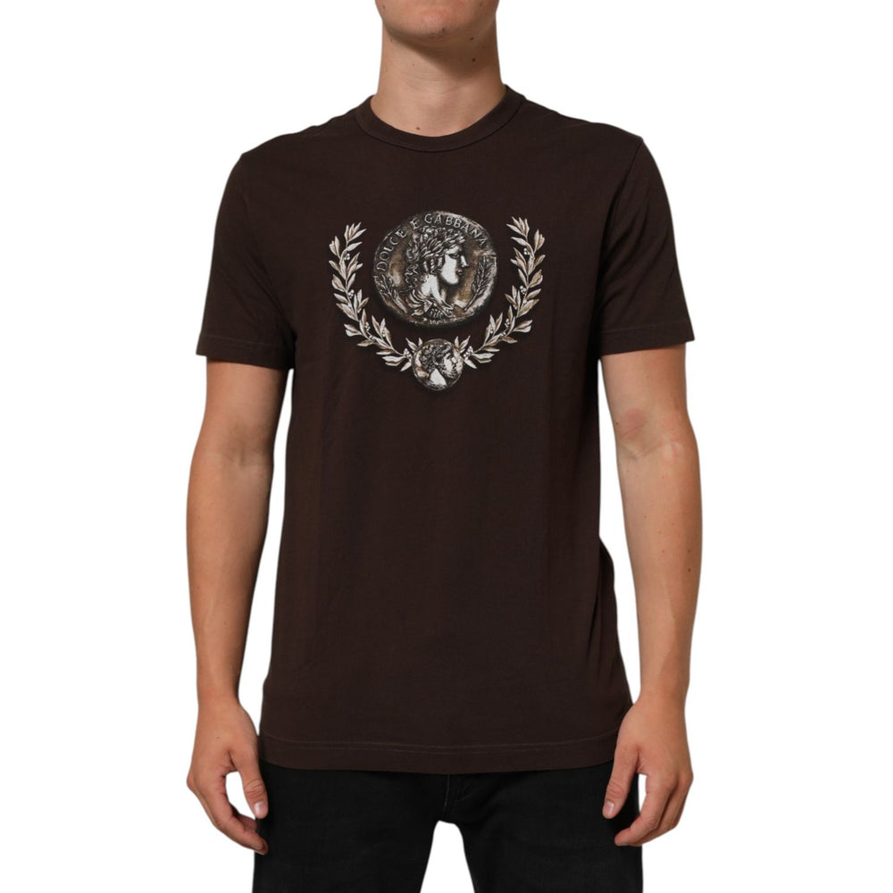 Dolce & Gabbana Brown Coin Laurel Print Men Crew Neck T-shirt on model, showcasing the intricate design and comfortable fit.