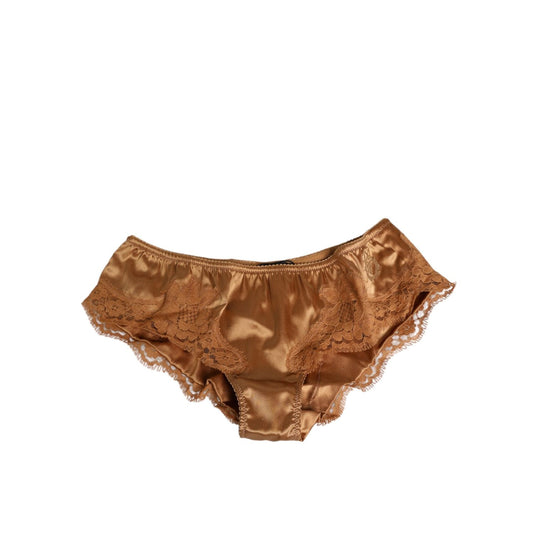 Dolce & Gabbana Brown Lace Silk Satin Slip Panties Underwear, elegant Italian design with lace inserts, luxury satin finish.