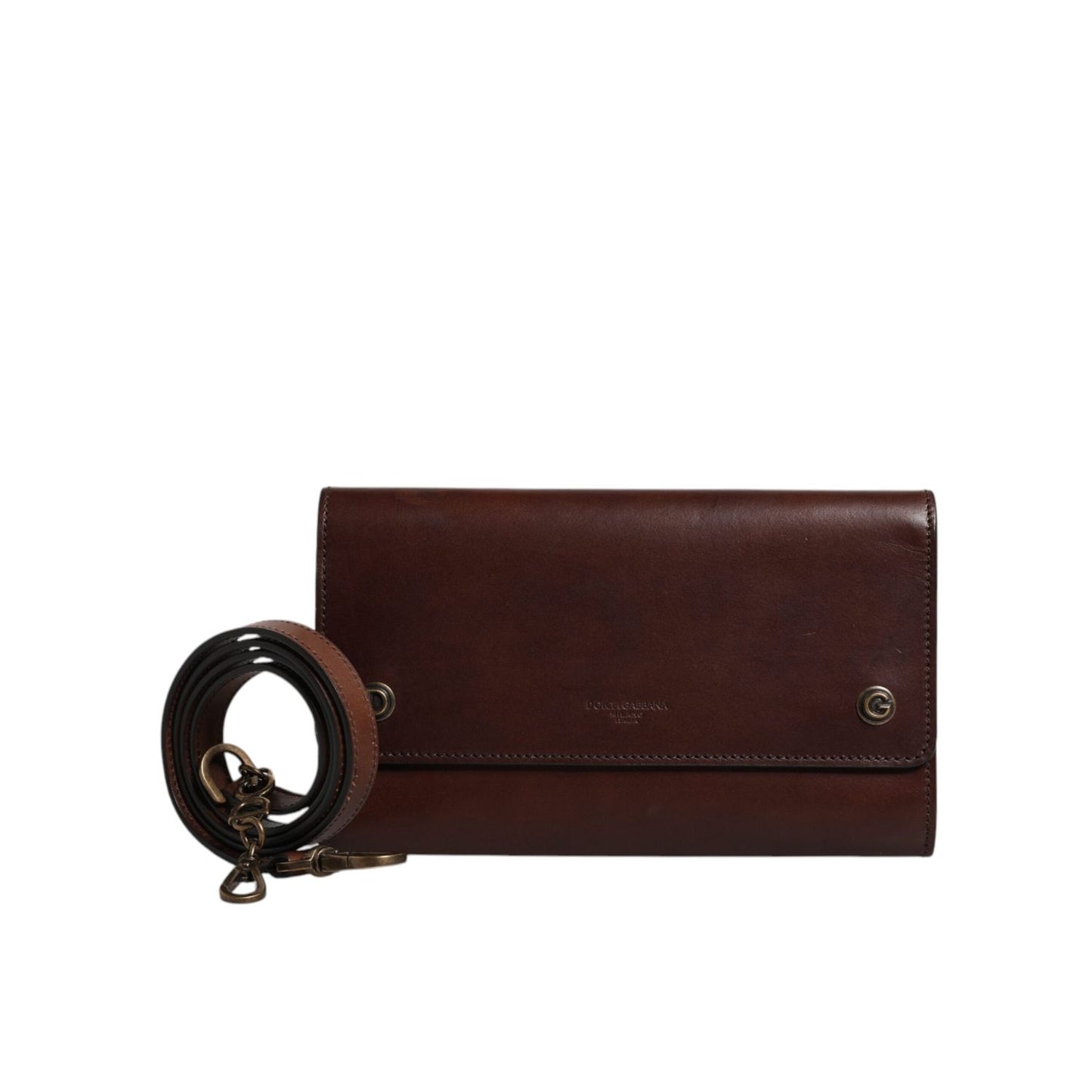 Dolce & Gabbana Brown Leather Logo Embossed Crossbody Bag with gold detailing and shoulder strap.
