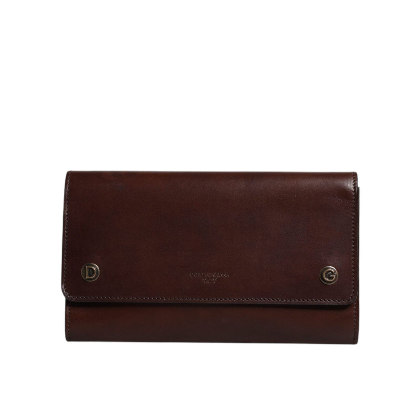 Dolce & Gabbana Brown Leather Logo Embossed Crossbody Bag with gold detailing and magnetic flap closure, luxury Italian design.