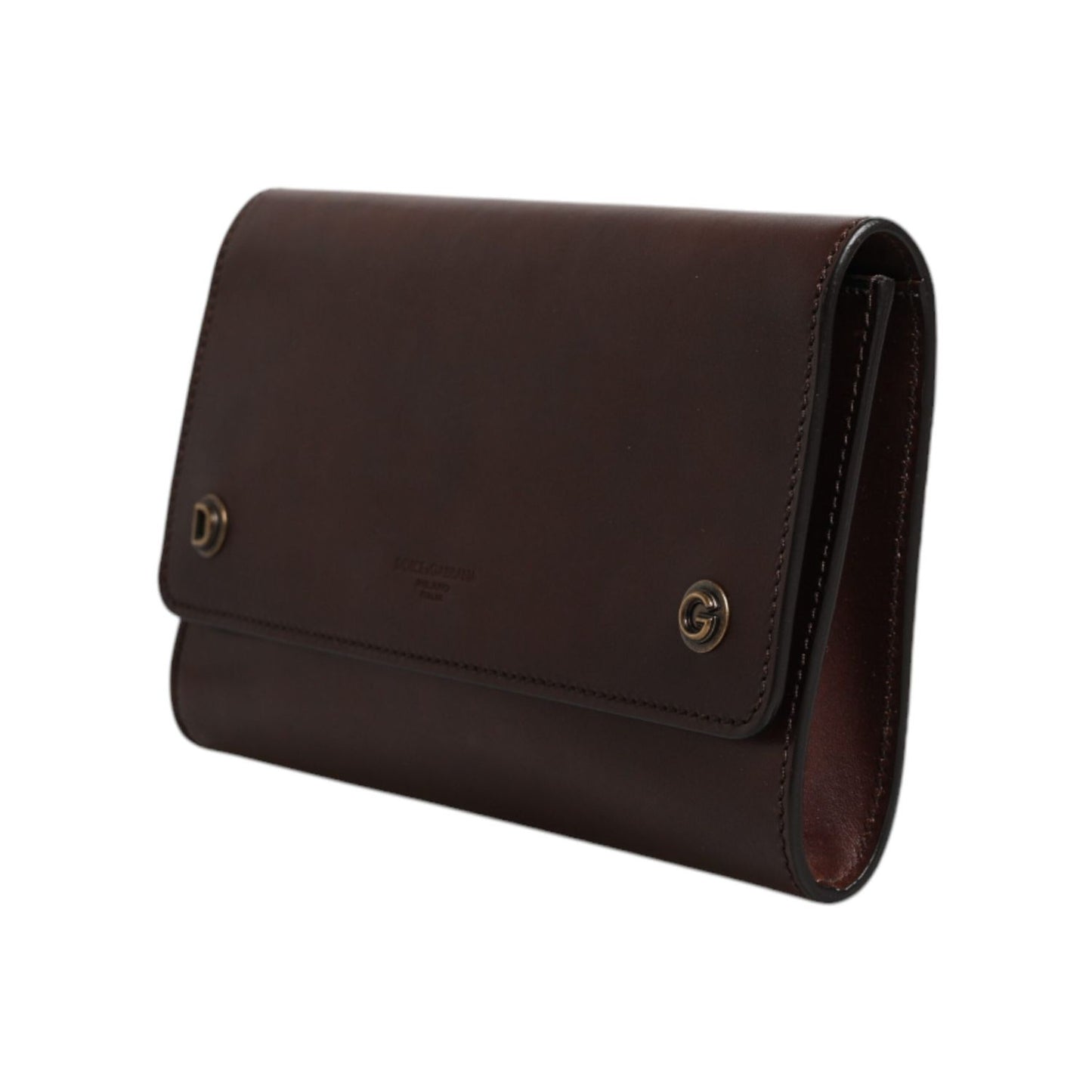 Dolce & Gabbana Brown Leather Logo Embossed Crossbody Bag with gold detailing and shoulder strap, showcasing high craftsmanship.