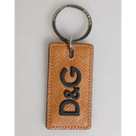 Dolce & Gabbana Brown Leather Logo Metal Ring Keychain Holder Men Keyring with D&G logo on leather and silver ring