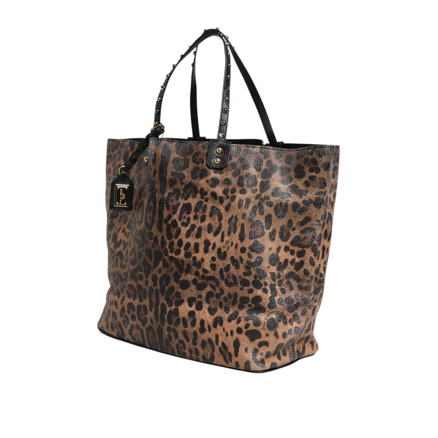 Dolce & Gabbana Brown Leopard BEATRICE Leather Logo Plaque Tote Bag with gold-tone stud detailing and signature leopard print.