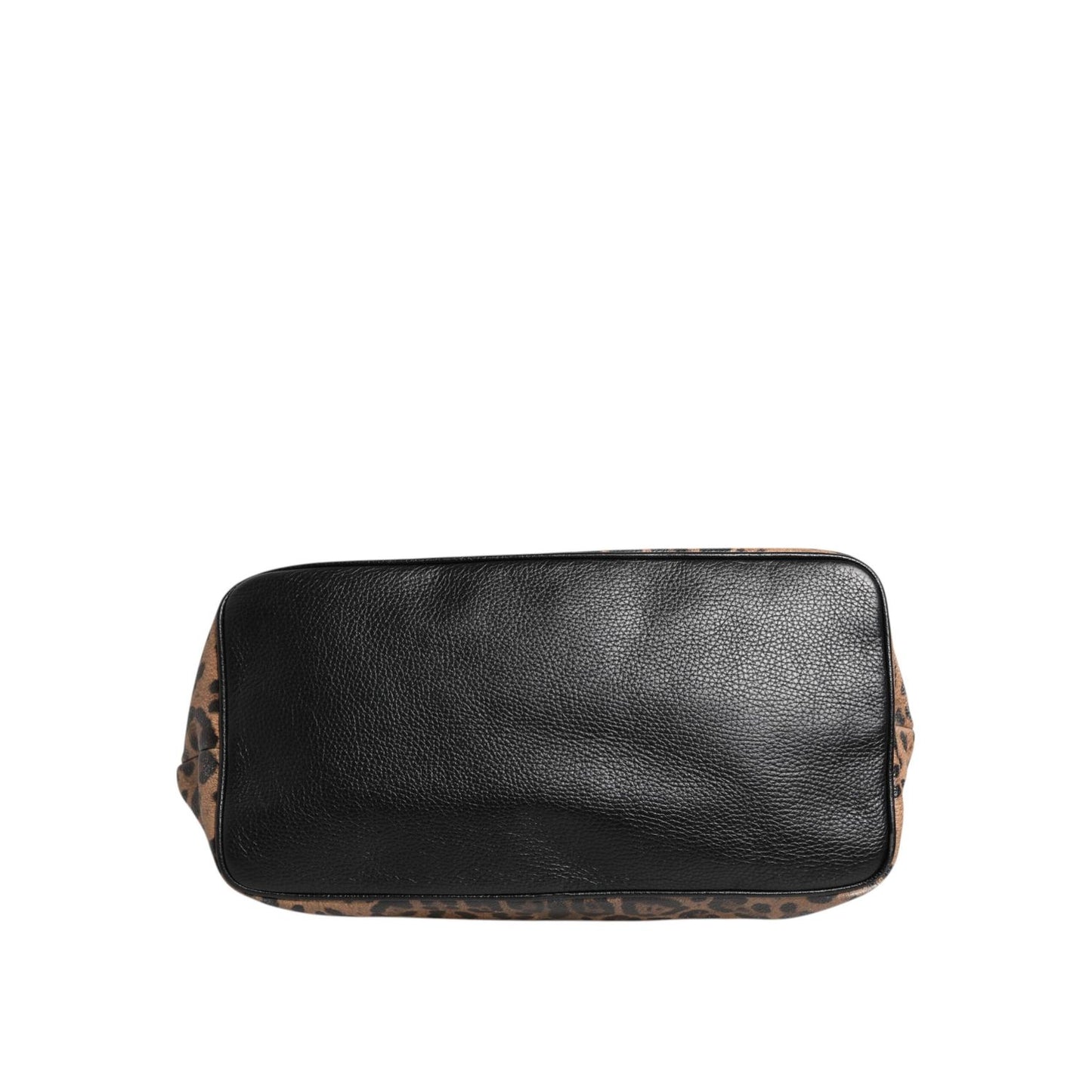 Bottom view of Dolce & Gabbana Brown Leopard BEATRICE Leather Logo Plaque Tote Bag showing black leather and leopard print details.