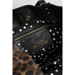 Interior view of Dolce & Gabbana Brown Leopard BEATRICE Leather Logo Plaque Tote Bag with polka dot lining and zipper pocket