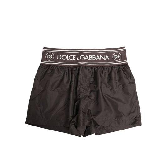 Dolce & Gabbana Brown Polyester Logo Elastic Waistband Swimwear, stylish swim shorts with logo waistband, 100% polyester.
