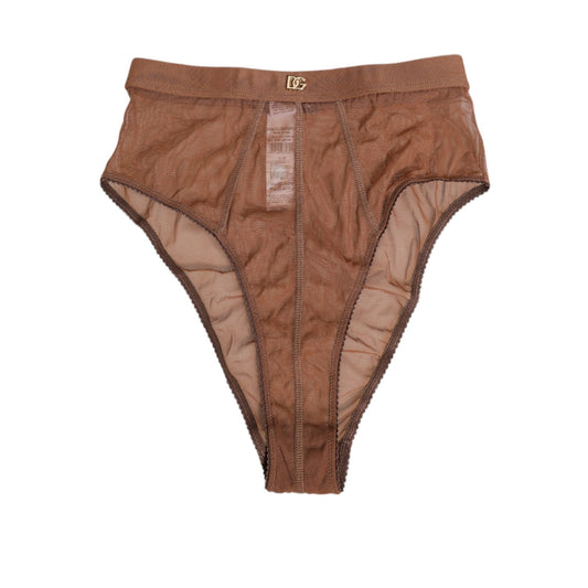 Dolce & Gabbana Brown Sheer Mesh High Waist Briefs Underwear with elastic waistband and subtle DG logo detail, elegant lingerie piece.