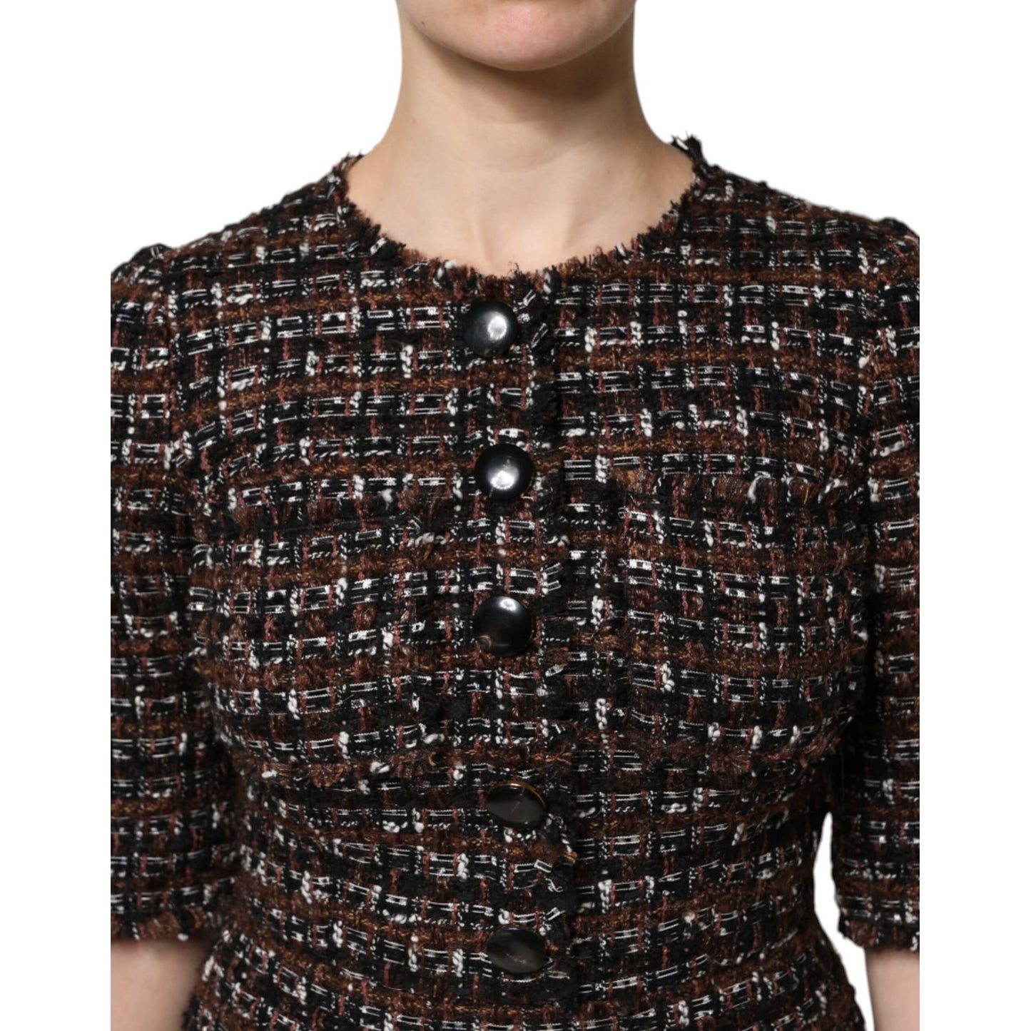 Dolce & Gabbana Brown Tweed Short Sleeves A-line Mini Dress with button closure and logo details.
