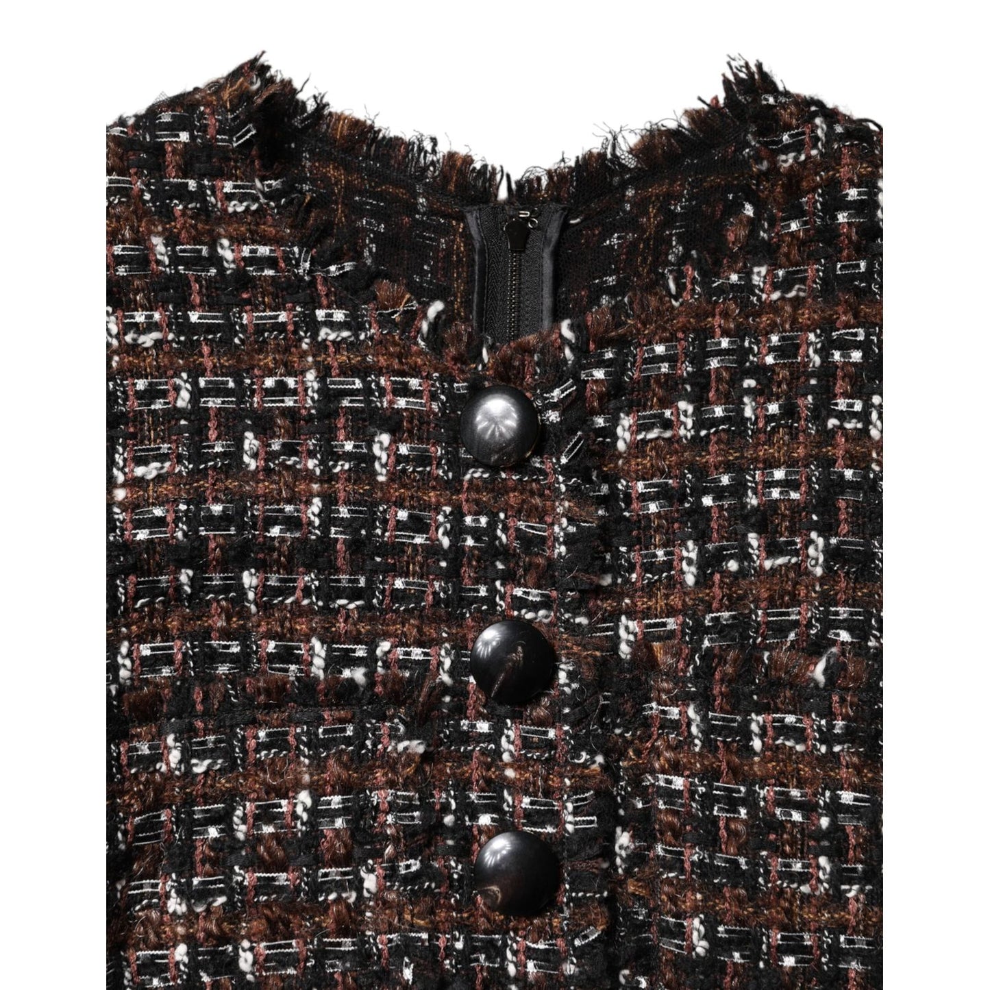 Dolce & Gabbana Brown Tweed Short Sleeves A-line Mini Dress with black buttons and frayed neckline, close-up view.