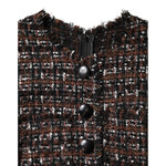 Dolce & Gabbana Brown Tweed Short Sleeves A-line Mini Dress with black buttons and frayed neckline, close-up view.