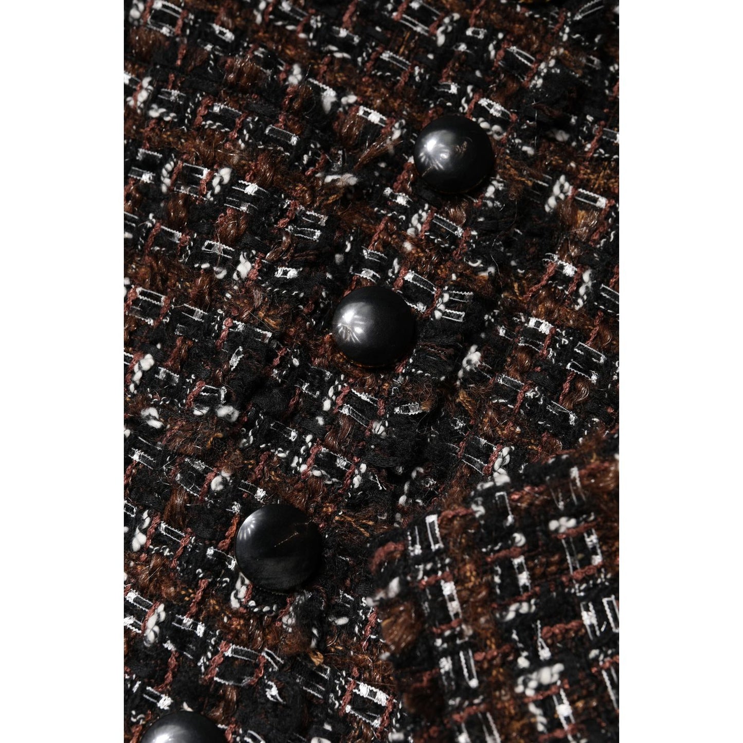 Close-up of fabric and buttons on Dolce & Gabbana Brown Tweed Short Sleeves A-line Mini Dress.