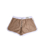 Dolce & Gabbana Brown White Polyester Re-Edition Shorts Swimwear with elastic waistband and logo drawstring, featuring side pockets.