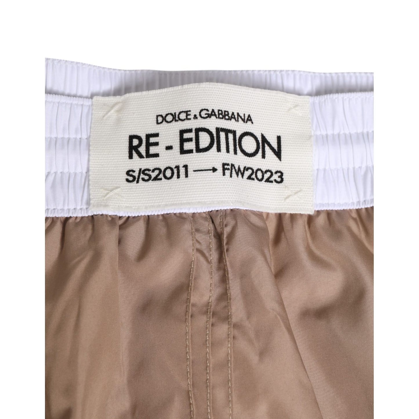 Dolce & Gabbana Brown White Polyester Re-Edition Shorts Swimwear label detail