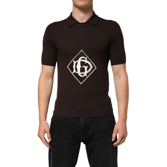 Dolce & Gabbana Brown Wool Logo Embroidered Men Polo T-shirt on model, features satin diamond logo patch, short sleeves, rich ebony tone.