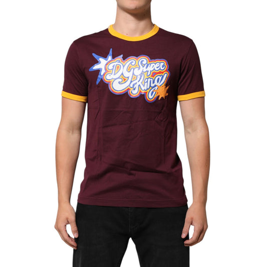 Dolce & Gabbana Burgundy Cotton DG Super King Logo T-Shirt with yellow accents and graphic print.