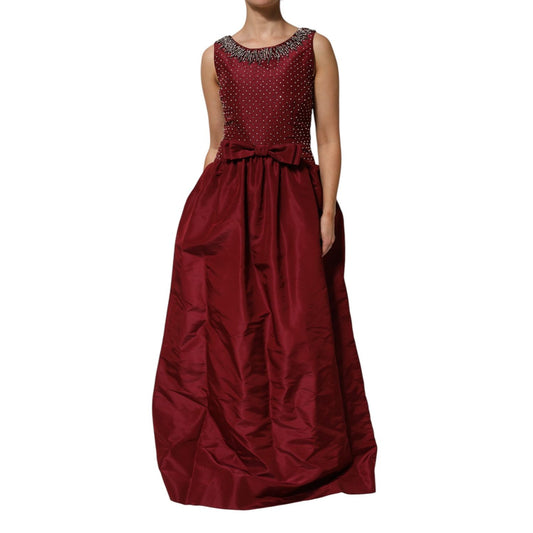 Dolce & Gabbana Burgundy Silk Beaded Evening Gown Dress with intricate neckline embellishments and silk bow, floor-length elegance.