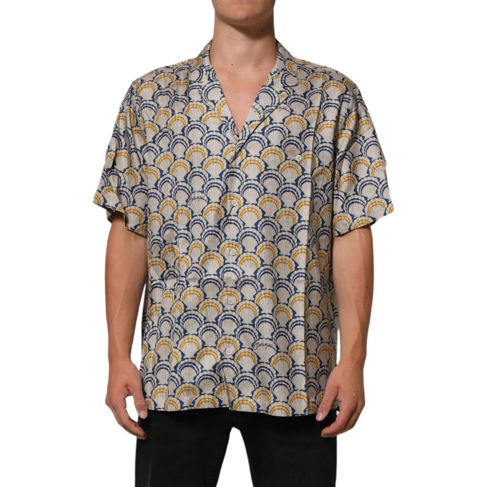 Dolce & Gabbana Cream Cotton Silk Hawaii Scallop Shell Print Shirt in short sleeve style modeled with elegant design