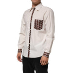 Dolce & Gabbana Cream White Cotton Polka Dot Slim Fit Shirt with brown detailing on placket, pocket, and cuffs.