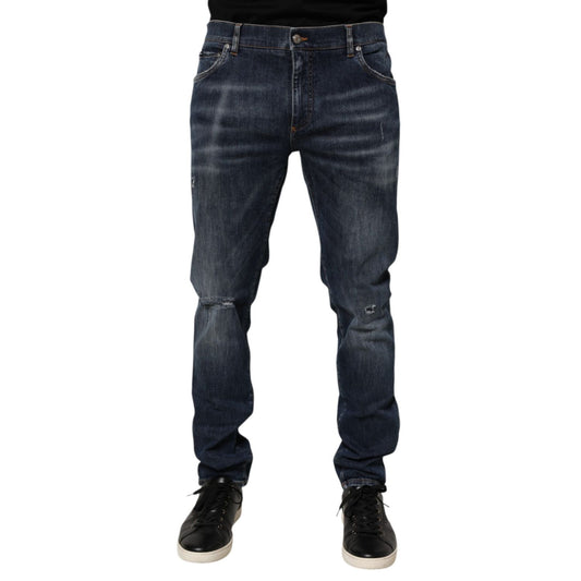 Dolce & Gabbana Dark Blue Washed Running Ripped Denim Jeans with distressed details