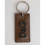 Dolce & Gabbana Dark Brown Leather Logo Metal Ring Keychain Holder Keyring with silver detailing on a white background