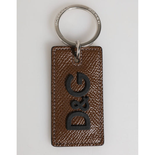 Dolce & Gabbana Dark Brown Leather Logo Metal Ring Keychain Holder Keyring with silver detailing on a white background