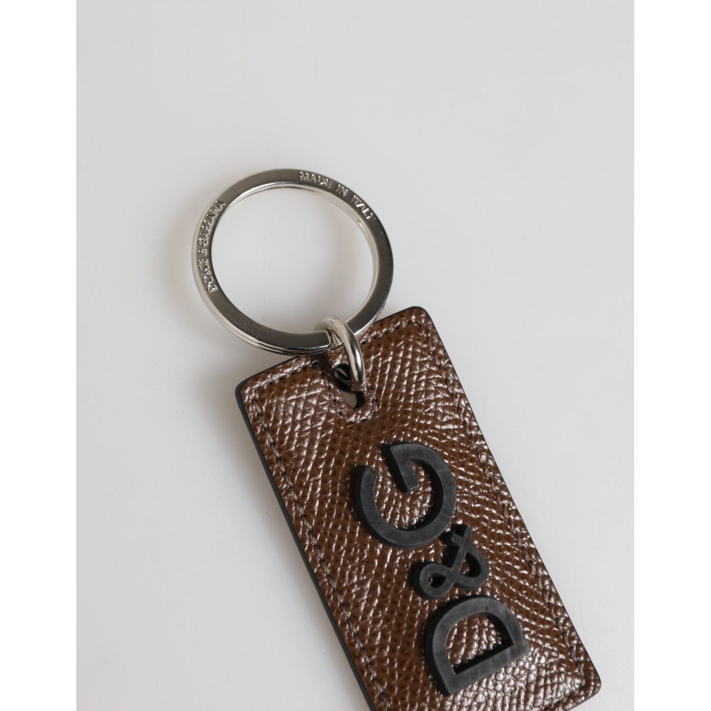 Dolce & Gabbana Dark Brown Leather Logo Metal Ring Keychain Holder Keyring on white background