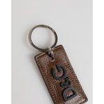 Dolce & Gabbana Dark Brown Leather Logo Metal Ring Keychain Holder Keyring on white background