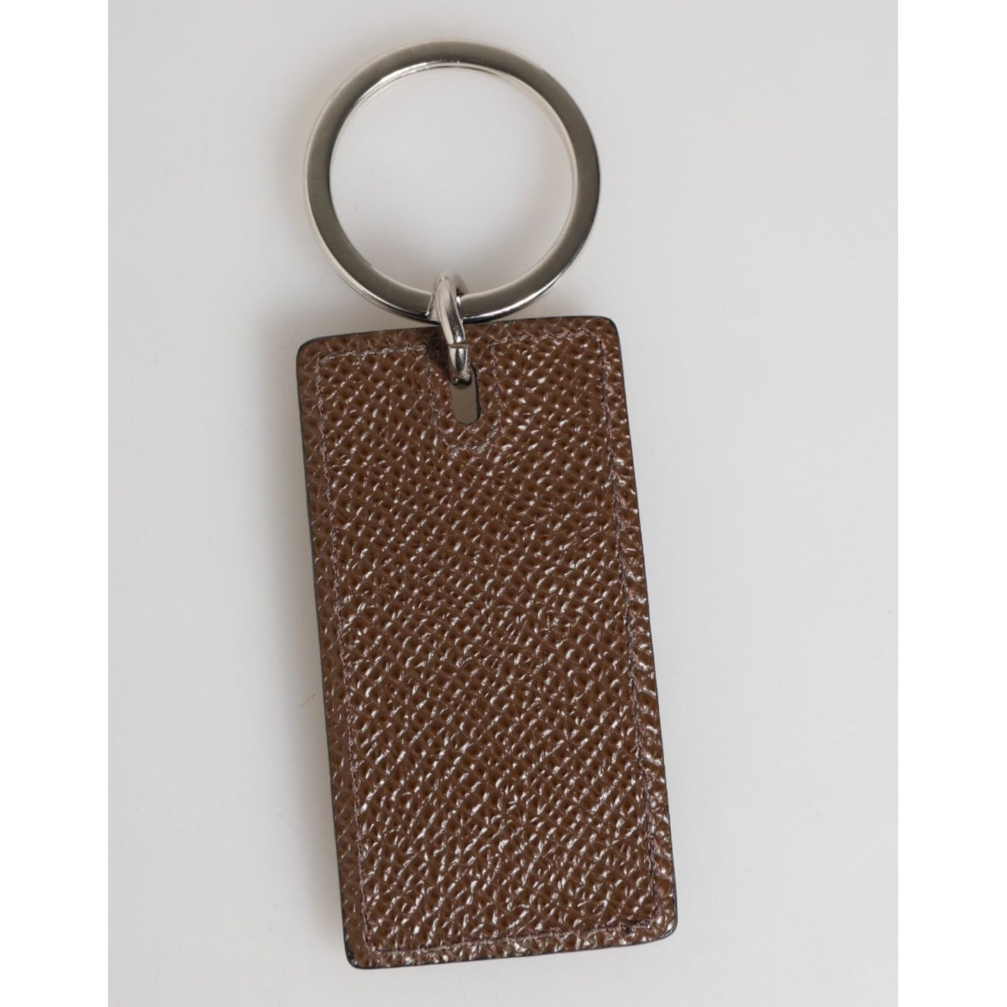 Dolce & Gabbana Dark Brown Leather Logo Metal Ring Keychain Holder Keyring with silver detailing and logo-engraved ring.