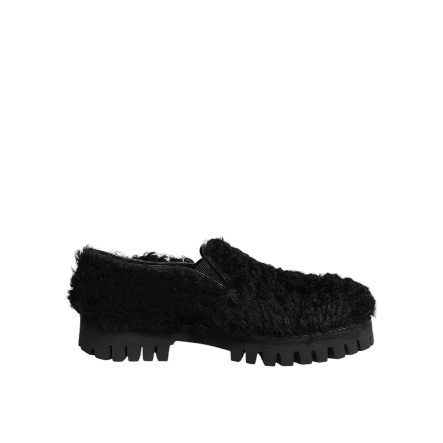 Dolce & Gabbana Dress Black Fur Leather Slippers Men Shoes, elegant and sophisticated slip-on design with polished finish.