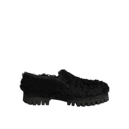 Dolce & Gabbana Dress Black Fur Leather Slippers Men Shoes, elegant and sophisticated slip-on design with polished finish.