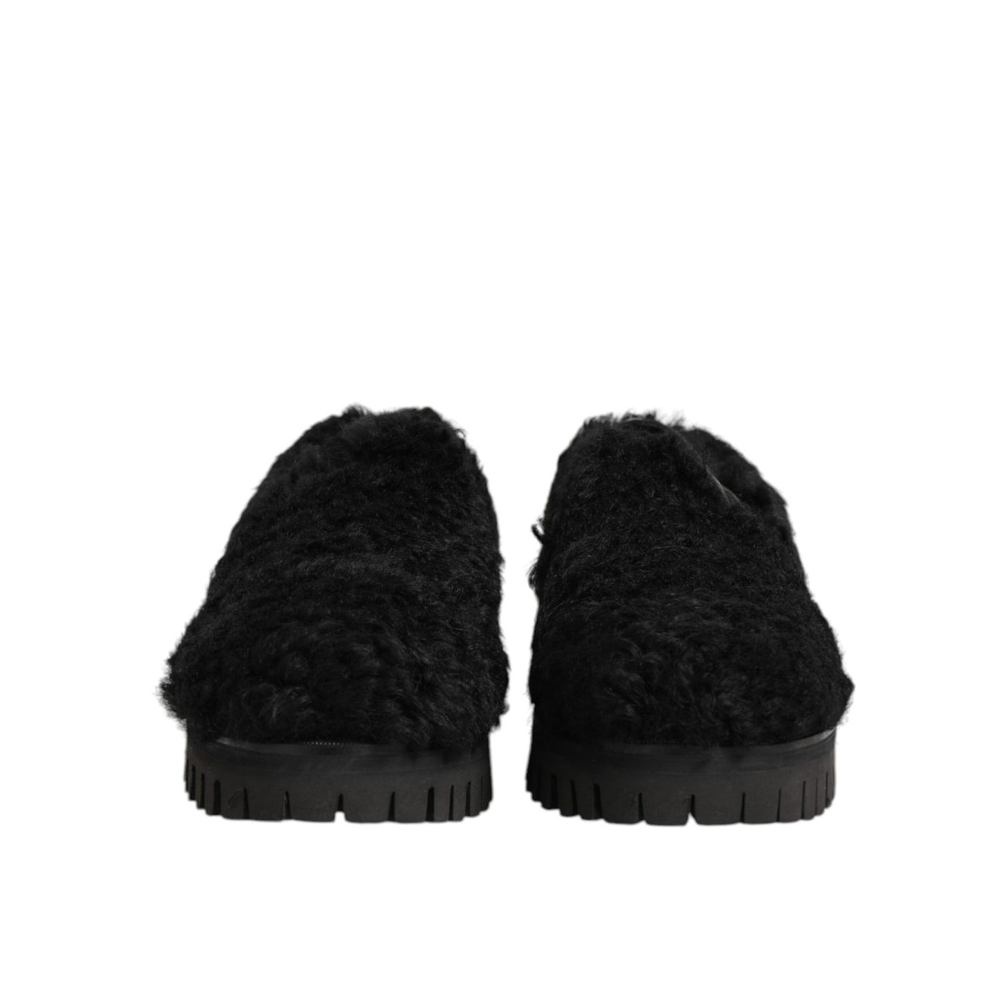 Dolce & Gabbana Dress Black Fur Leather Slippers Men Shoes front view
