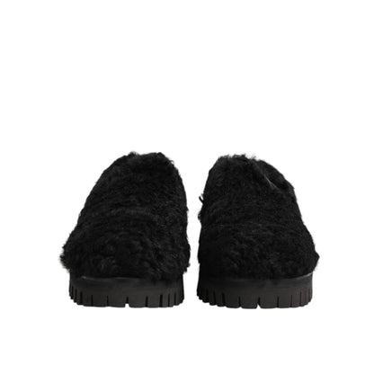 Dolce & Gabbana Dress Black Fur Leather Slippers Men Shoes front view