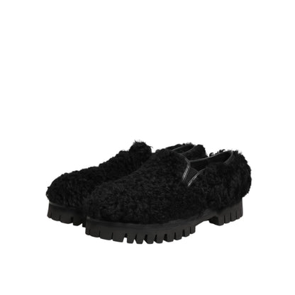 Dolce & Gabbana Dress Black Fur Leather Slippers Men Shoes, elegant slip-on design, formal footwear