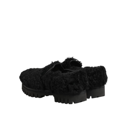 Dolce & Gabbana Dress Black Fur Leather Slippers Men Shoes, elegant design with soft fur lining for ultimate comfort and sophistication.