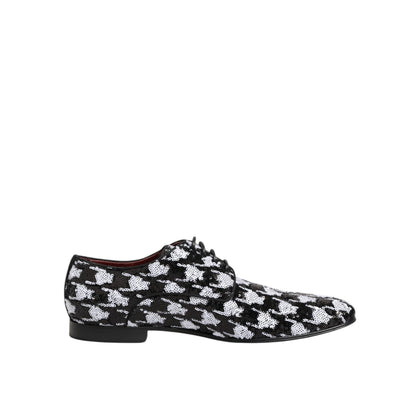 Dolce & Gabbana Dress Black White Sequined Lace Up Derby Shoes, elegant leather footwear for formal occasions, high-quality design.