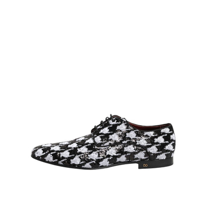 Dolce & Gabbana Dress Black White Sequined Lace Up Derby Shoes displaying elegant black and white sequin design on leather.