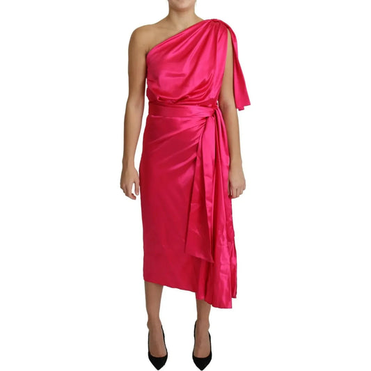 Dolce & Gabbana Fuchsia Fitted Cut One Shoulder Midi Dress 100% Silk,1728,67345645728,Clothing,Dolce & Gabbana,Dresses - Clothing,Dresses - Women - Clothing,Fuchsia,IT44 | L,Midi - Dresses - Clothing,Preowned / Defect,Sleeveless - Dresses - Clothing,Women