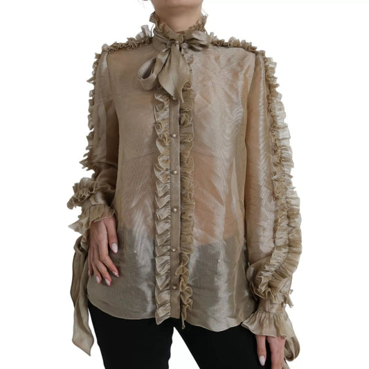 Dolce & Gabbana Gold Ascot Collar Ruffles Blouse Top in polyester and silk blend, featuring button closure and logo details, Made in Italy.