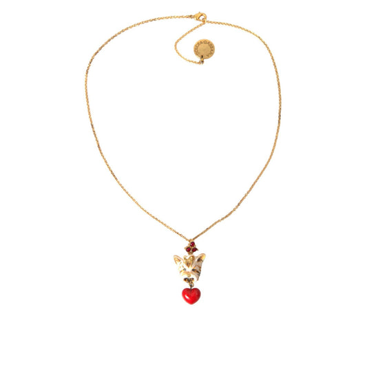 Dolce & Gabbana Gold Brass Chain Dog Heart Pendant Charm Necklace, crystal embellished, gold with red heart, 40cm length, luxurious design
