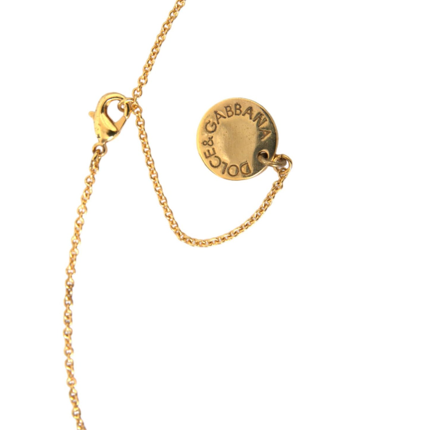 Dolce & Gabbana Gold Brass Chain Dog Heart Pendant Charm Necklace with lobster closure and logo detail, Italy made, gold with red crystals