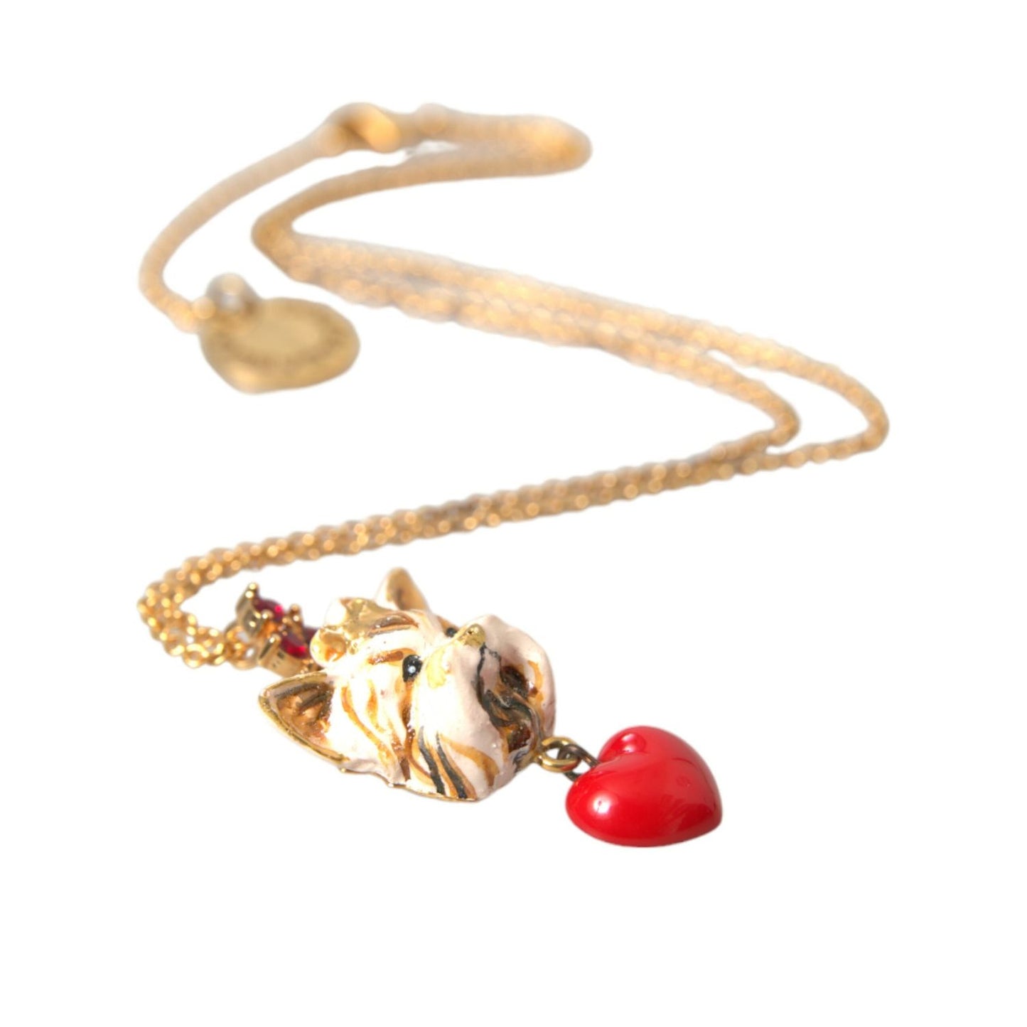 Dolce & Gabbana Gold Brass Chain Dog Heart Pendant Charm Necklace with crystals and lobster closure, made in Italy.