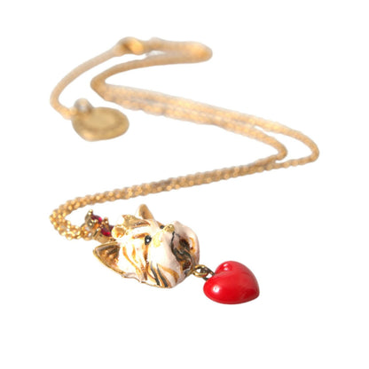 Dolce & Gabbana Gold Brass Chain Dog Heart Pendant Charm Necklace with crystals and lobster closure, made in Italy.