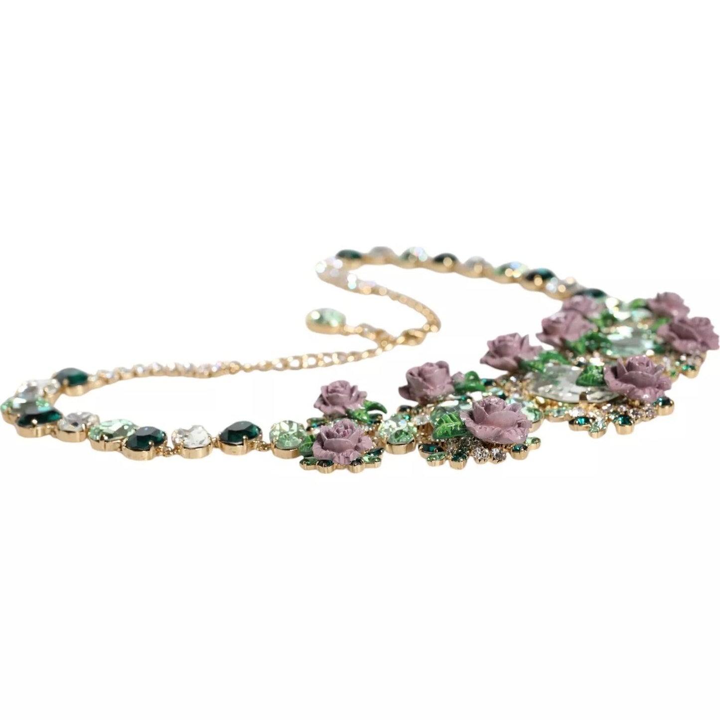 Dolce & Gabbana Gold Brass Link Chain Rose Petal Crystal Necklace with multicolor crystals and floral details.