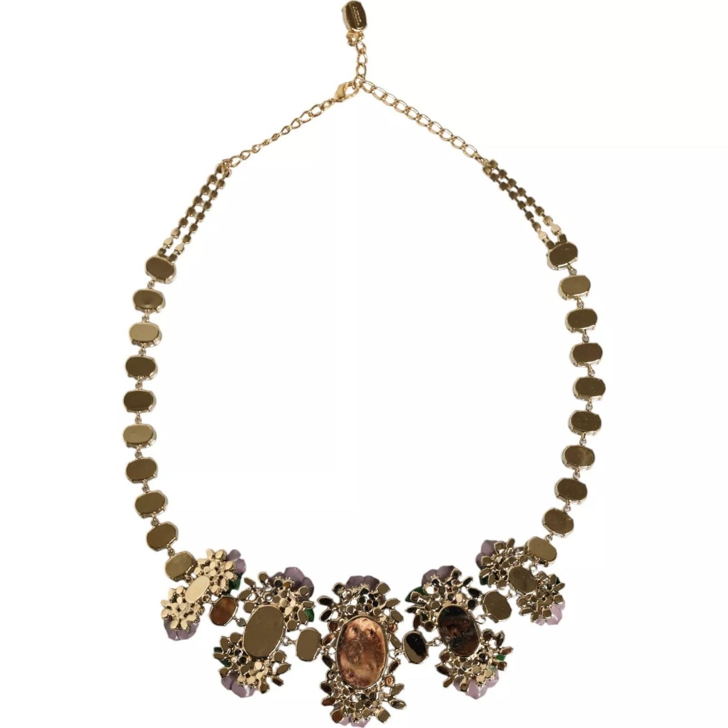 Dolce & Gabbana Gold Brass Link Chain Rose Petal Crystal Necklace with floral design and multicolor crystals