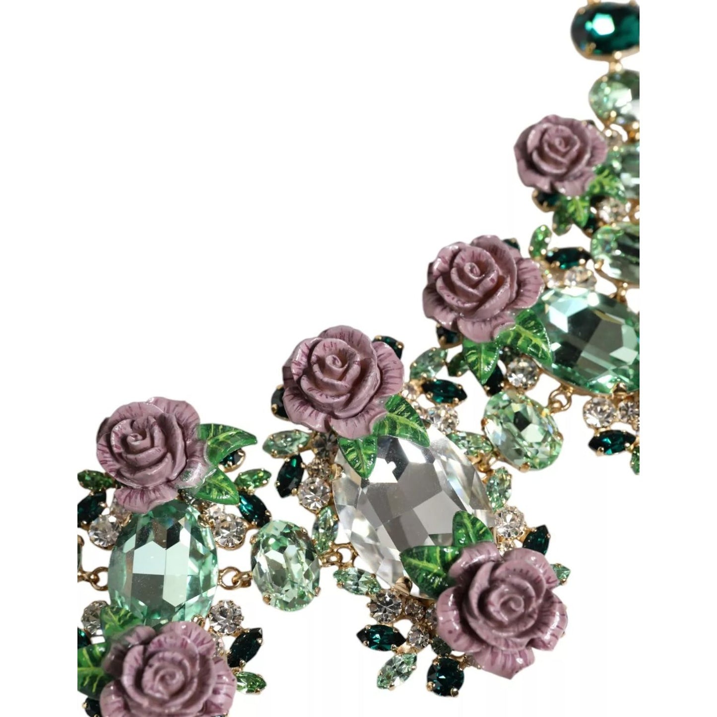 Dolce & Gabbana Gold Brass Link Chain Rose Petal Crystal Necklace with multicolor floral crystals and logo details.